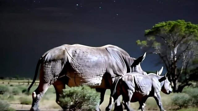 The female Black rhinoceros (Diceros bicornis) with her calf find water at night in Tsavo National Park, Kenya. High sensitivity camera.
