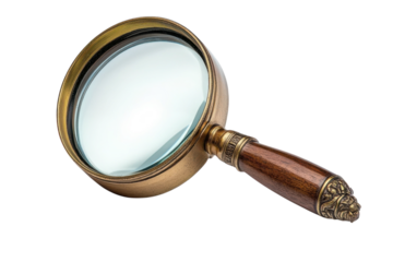 Unveiling secrets A vintage brass magnifying glass casting light in the darkness for seeking on transparent background