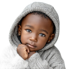 Young child with thoughtful expression in cozy sweater, looking directly at the camera against a plain background