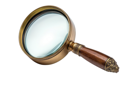 Unveiling secrets A vintage brass magnifying glass casting light in the darkness for seeking on transparent background