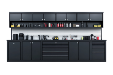 Unleash your inner mechanic A sleek organized garage storage system featuring durable black on transparent background
