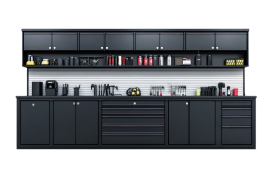 Unleash your inner mechanic A sleek organized garage storage system featuring durable black on transparent background