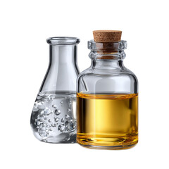 Glass containers with liquid substances, one clear and bubbly, one golden oil, simple elegant design for kitchen or laboratory use