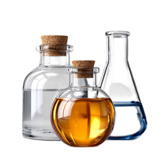 Clear and colored glass laboratory bottles with corks containing various liquids isolated on a white background