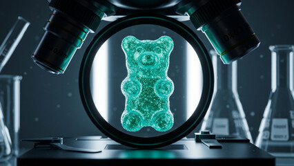 Cyan gummy bear under microscope with scientific instruments in lab background