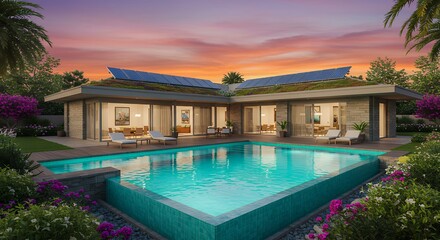 Fototapeta premium Luxury Home with Swimming Pool at Sunset
