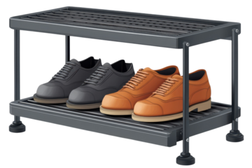 Stylish organization Black and brown leather shoes find their place on a modern two tier metal on transparent background