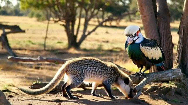 Close up of the common dwarf mongoose (Helogale parvula) live together with the Von der Decken's hornbill in Tsavo National Park, Kenya. 
