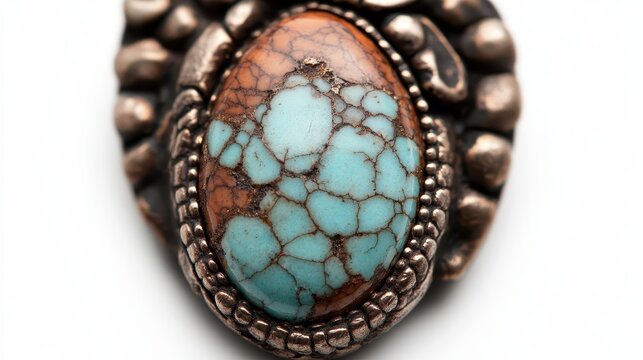 A close-up of a beautifully crafted turquoise gemstone setting highlights intricate details, showcasing the artistry in jewelry design and the allure of gemstone elegance.