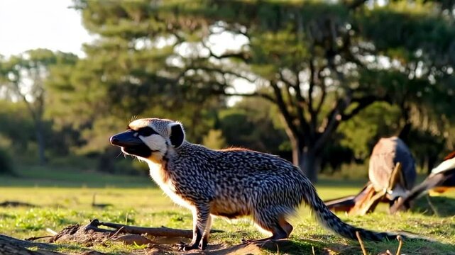 Close up of the common dwarf mongoose (Helogale parvula) live together with the Von der Decken's hornbill in Tsavo National Park, Kenya. 
