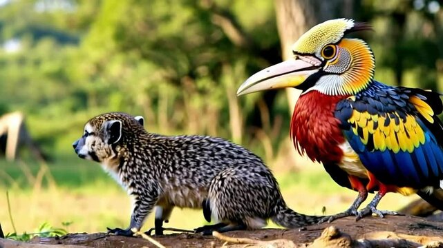 Close up of the common dwarf mongoose (Helogale parvula) live together with the Von der Decken's hornbill in Tsavo National Park, Kenya. 
