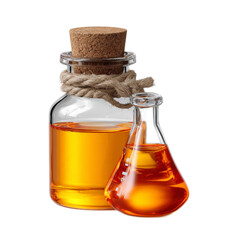 Elegant glass bottles containing golden liquid oil, with cork and twine accents, showcasing natural ingredients and beauty themes