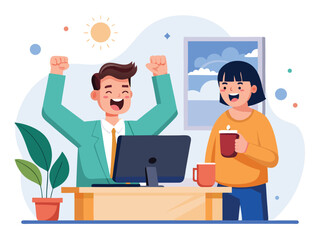 Excited Man Celebrating Success at Desk with Computer as Woman Holds Coffee Cup in Home Office Illustration Design