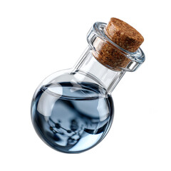 Transparent glass flask with cork stopper containing blue liquid, laboratory equipment, science and research concept, isolated view