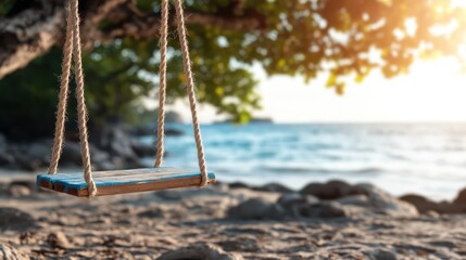 A serene beach swing gently swaying in the sunset glow offers a perfect spot for relaxation, surrounded by a peaceful ocean and lush greenery in the background.