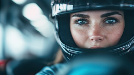 An intense close-up image of a female race car driver wearing a helmet, capturing her determination and focus, showcasing the competitive spirit of motorsport culture.
