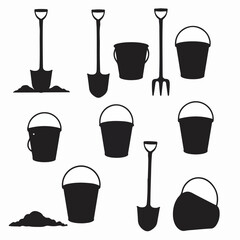 Shovels buckets pitchfork and soil black silhouettes