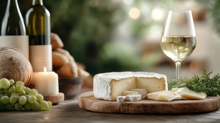 An elegant arrangement of gourmet cheese, a glass of wine, and fresh grapes evokes a sophisticated culinary experience, perfect for social gatherings and luxurious dining occasions.
