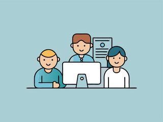 Teamwork and Collaboration Illustration Depicting Three People Working Together at a Computer in a Business or Educational Setting