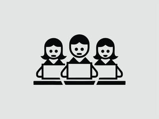 Three People Working Together on Computers in an Office Setting Represented by a Simple Black and White Icon Design