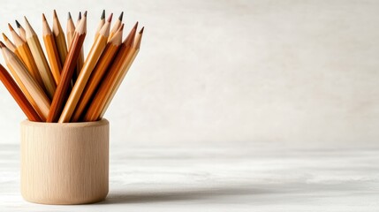 Obraz premium A vibrant collection of colored pencils is artistically arranged in a wooden holder, representing creativity, expression, and the joy of artistic exploration through fun hues.
