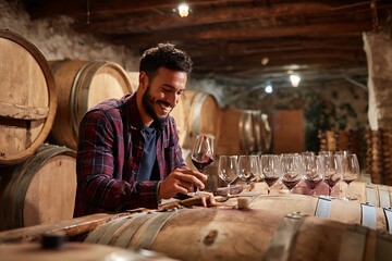 Wine tasting cellar tour experience with sommelier expert in vineyard wine production and barrel aging