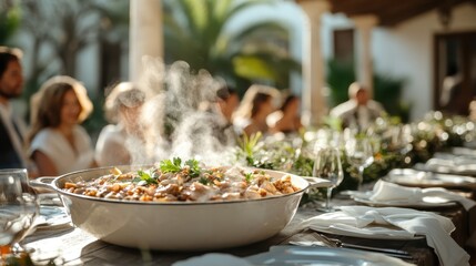 A steaming platter filled with a delicious meal showcases a festive outdoor dining setting, where friends gather to share joy and culinary delights under the palm trees.