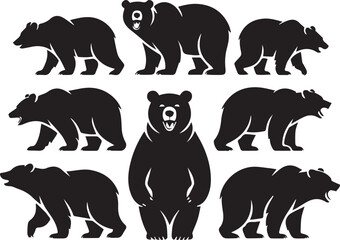 Angry Bear Silhouette Vector Collection with Roaring Wildlife Animals in Bold Black Style

