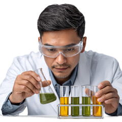 Scientist in a lab wearing goggles examines green liquid in a flask with colored test tubes on a laboratory bench