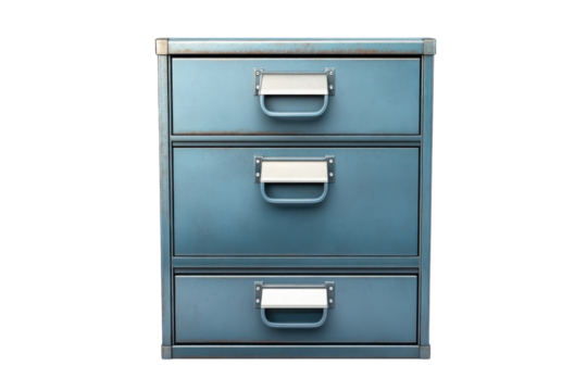 Remembering simpler times with a vintage blue metal filing cabinet that tells stories of on transparent background