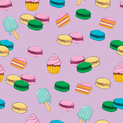seamless pattern with colorful desserts on purple background