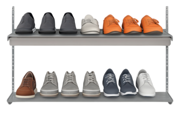 Organizing memories with a shoe rack that presents a spectrum of past adventures and future on transparent background