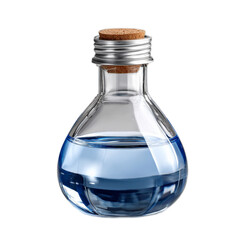 Glass bottle filled with turquoise liquid and cork stopper against a transparent background for creative projects