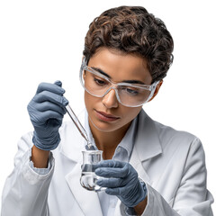 Female Scientist Conducting Experiment with Pipette and Glassware in Laboratory Setting Focused on Precision and Research