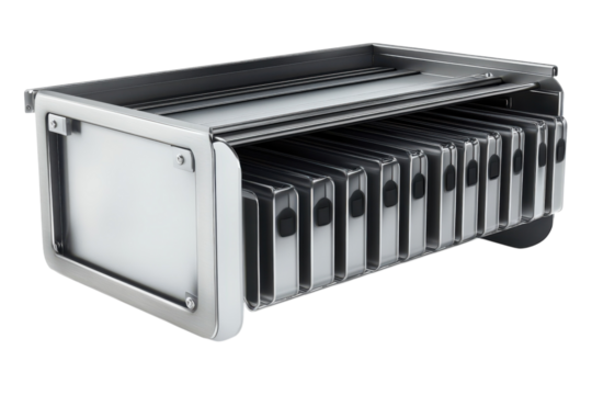 Organized filing and storage for important documents in a sleek and modern stainless steel on transparent background