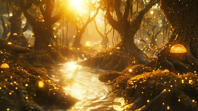 Golden forest stream dappled luminous ethereal