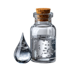 Clear Glass Bottle with Cork Stopper and Water Droplet on Transparent Background for Product and Concept Imagery