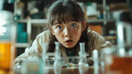 A young girl, wearing a lab coat, stares in wonder at the colorful experiments in a science lab, showcasing curiosity and the joy of learning in a creative environment.