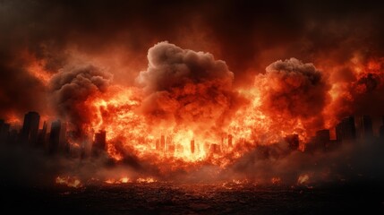 Fototapeta premium An intense image depicting a city skyline engulfed in flames and smoke, illustrating the chaotic and destructive scene of an apocalyptic disaster filled with horror.