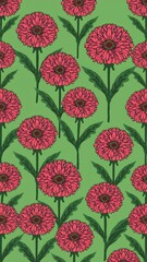 chrysanthemum greens pattern on plain green bright background cartoon design art illustration background for card or invitation quirky vibrant retro concept