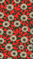 chrysanthemum greens pattern on plain red bright background cartoon design art illustration background for card or invitation quirky vibrant retro concept