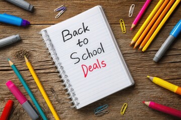 Back to School Deals Poster with Notebook and Stationery Items