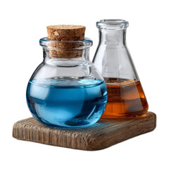 Vintage glass laboratory flasks on wooden surface filled with blue and orange liquids for educational or artistic purposes
