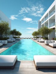 A modern superior hotel pool and superior outdoor sofas at a sunny day