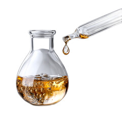 Laboratory glassware with amber liquid and bubbling reaction isolated on a white background for scientific and educational use