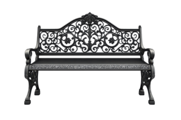 Intricate wrought iron park bench evoking timeless elegance and solitary contemplation against on transparent background
