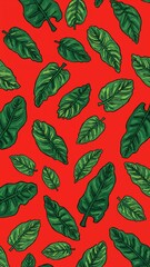 mustard greens pattern on plain red bright background cartoon design art illustration background for card or invitation quirky vibrant retro concept