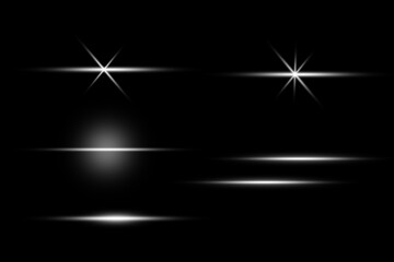 Set of white sparkling stars on a black background. 