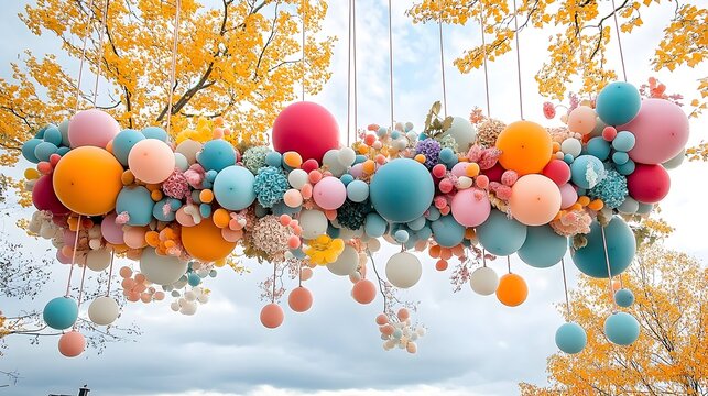 Autumnal balloon installation, outdoor event decor