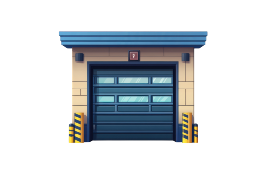 Industrial cartoon garage standing ready in a warehouse protecting goods and equipment in a on transparent background